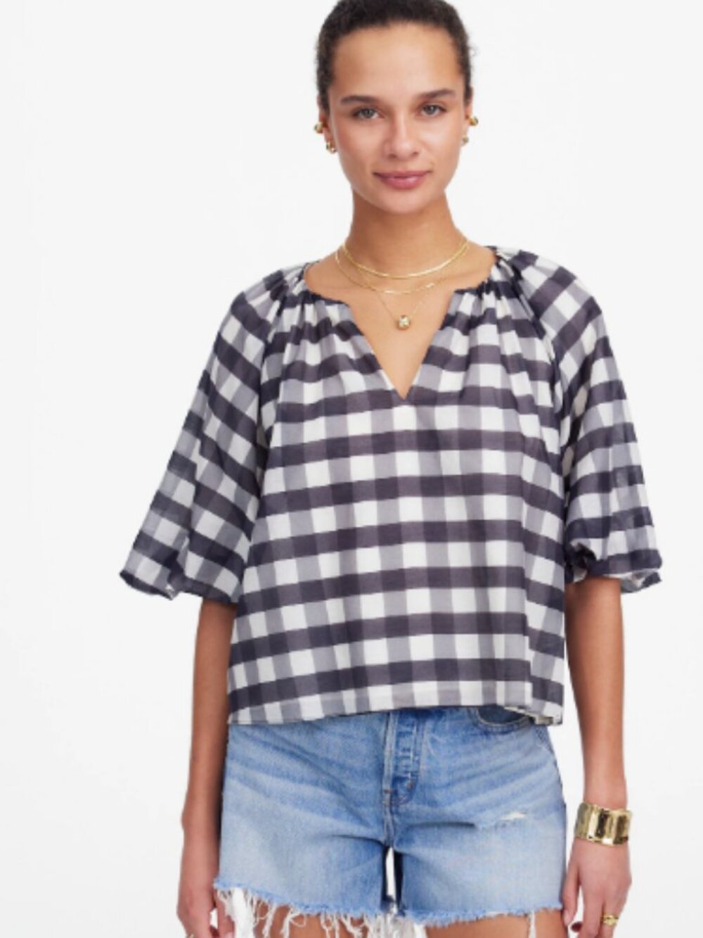 Madewell Gingham Bubble-Sleeve Top